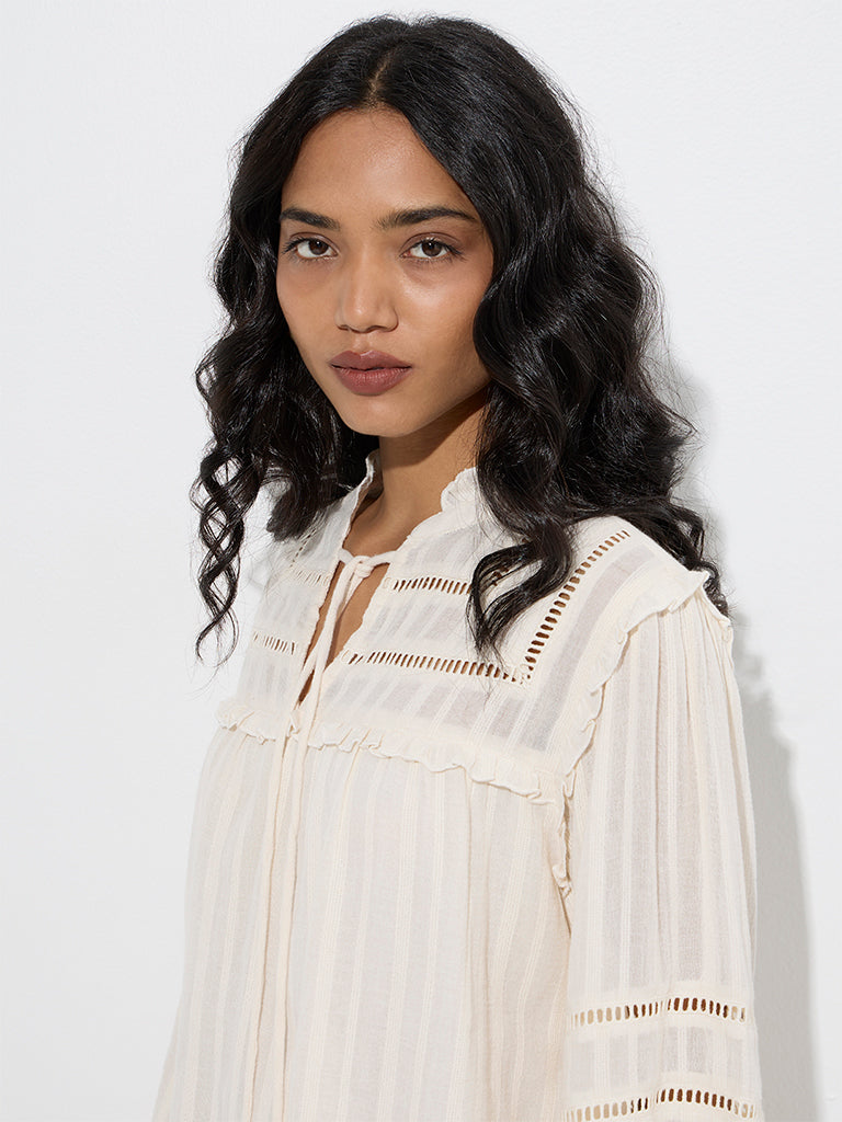 LOV Off-White Self-Striped Cotton Top - Image 3