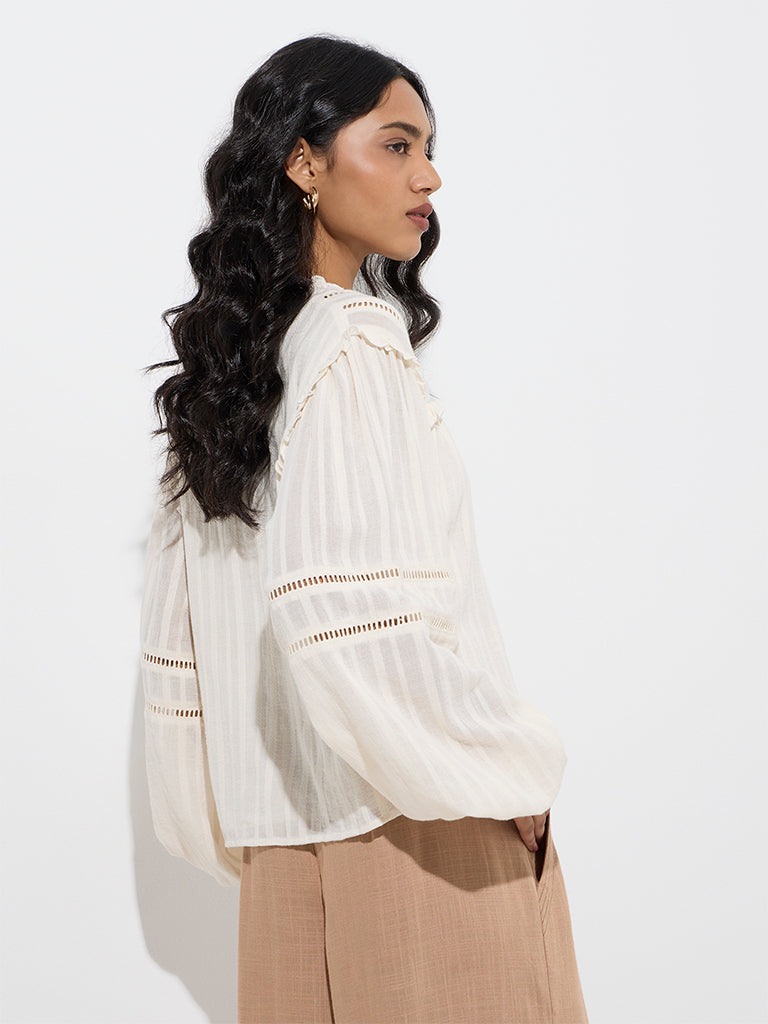 LOV Off-White Self-Striped Cotton Top - Image 4