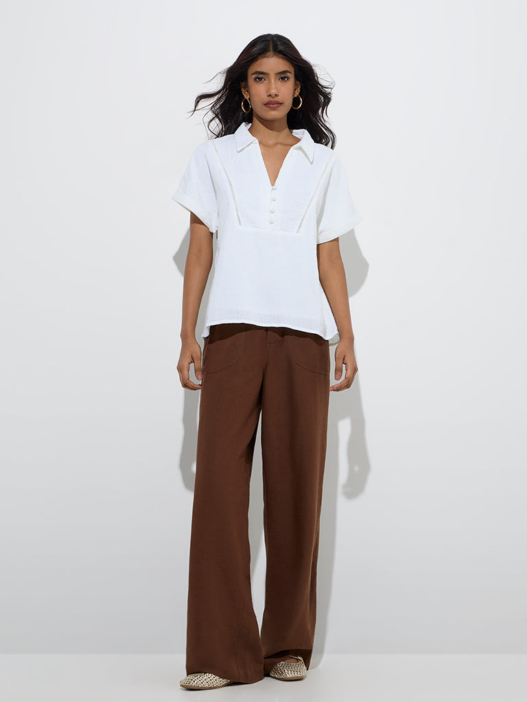 LOV White Crinkle-Textured Linen-Blend Top