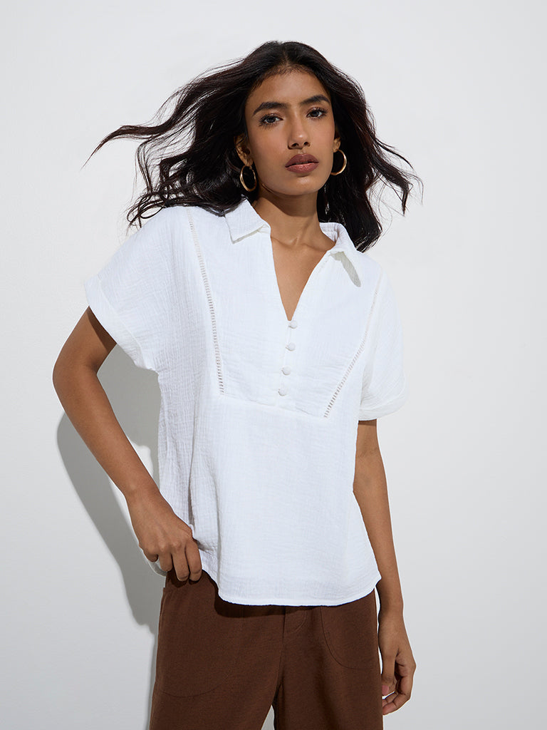 LOV White Crinkle-Textured Linen-Blend Top - Image 2