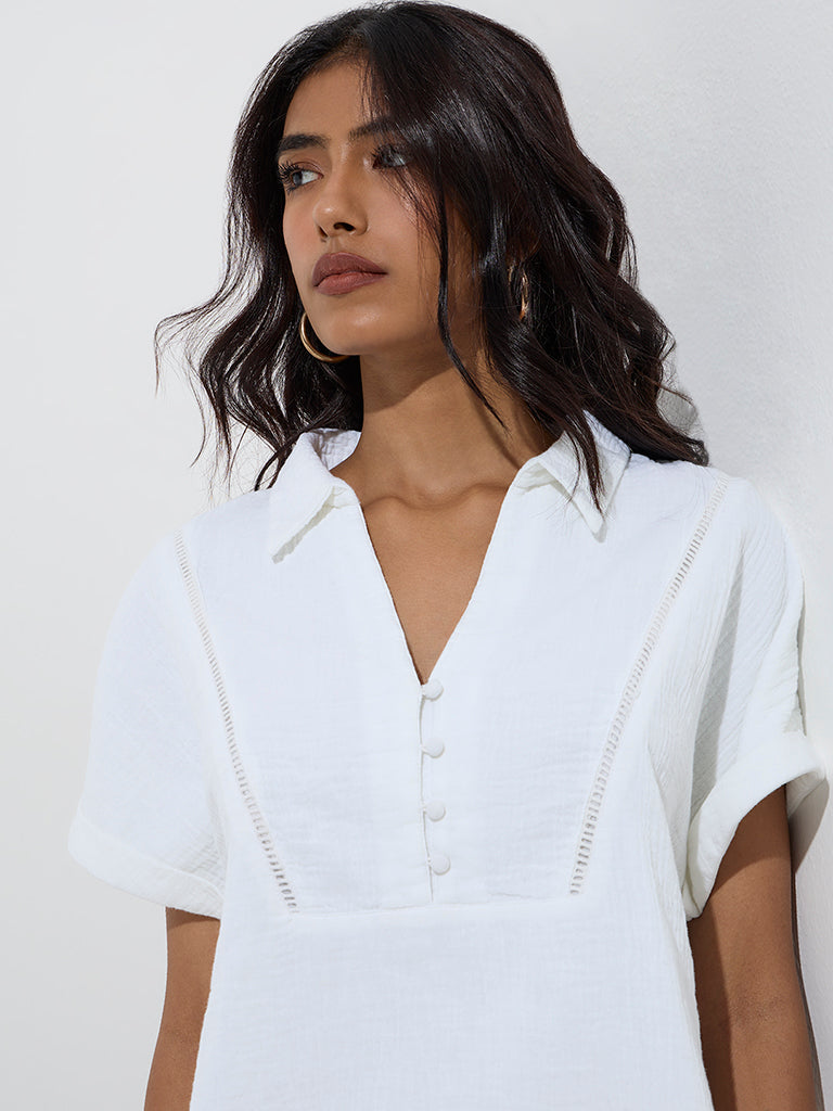 LOV White Crinkle-Textured Linen-Blend Top - Image 3