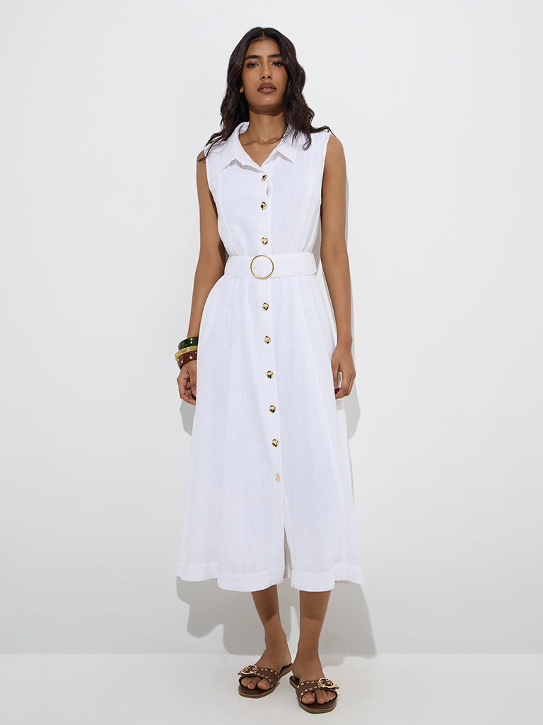 LOV White Crinkle-Textured Cotton Shirt Dress with Belt