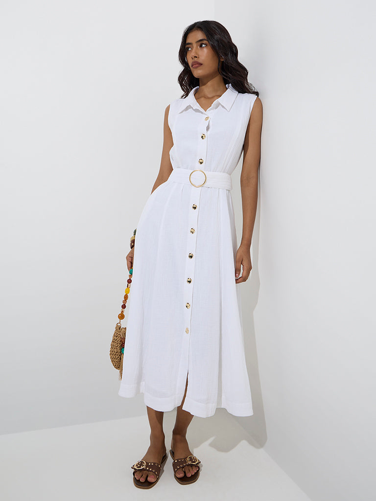 LOV White Crinkle-Textured Cotton Shirt Dress with Belt - Image 2