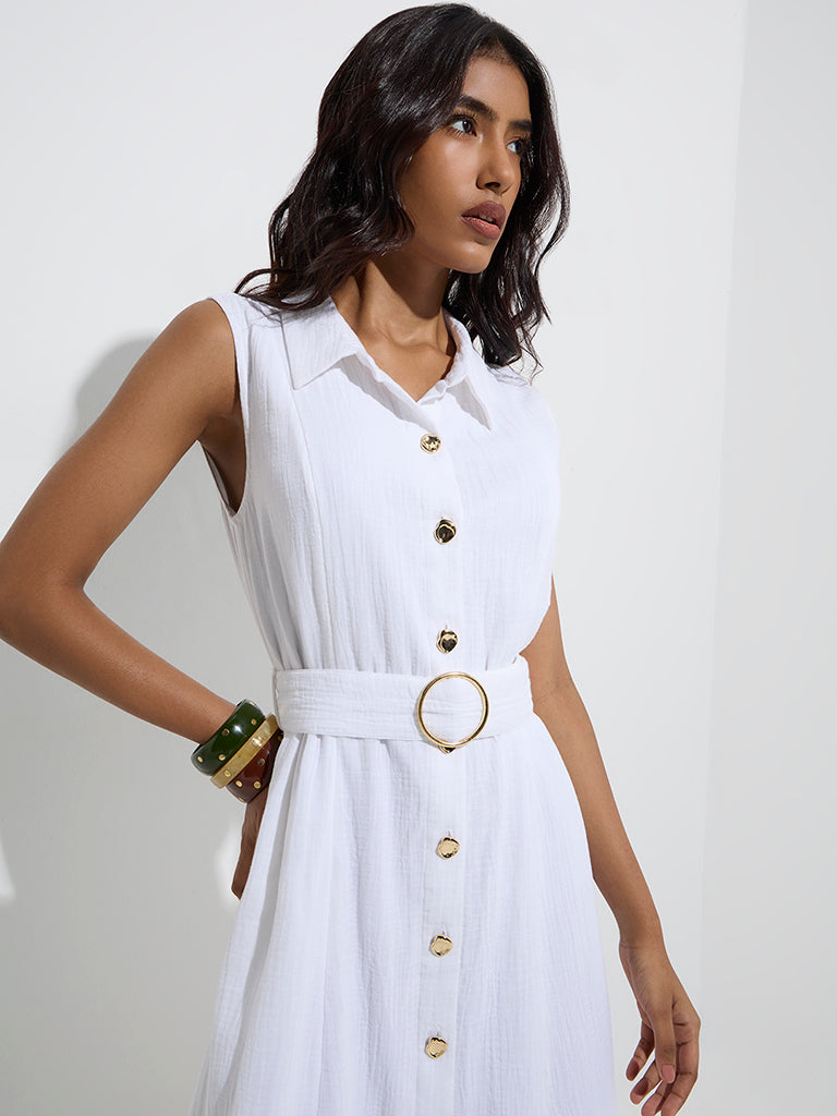 LOV White Crinkle-Textured Cotton Shirt Dress with Belt - Image 3