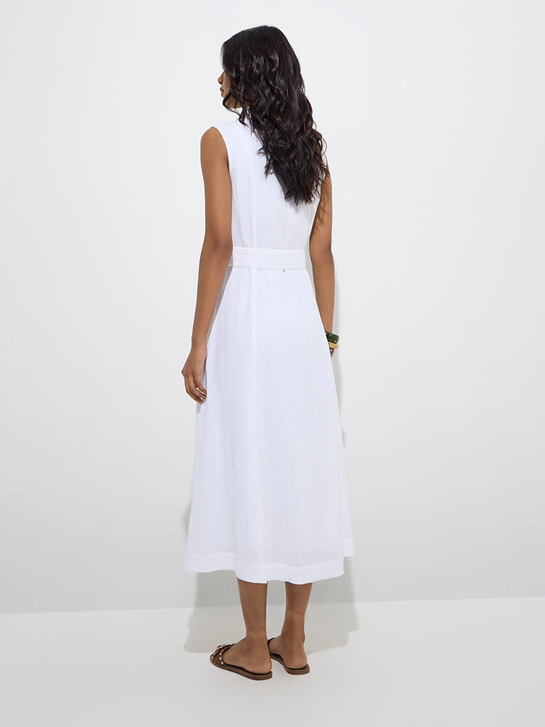 LOV White Crinkle-Textured Cotton Shirt Dress with Belt - Image 4