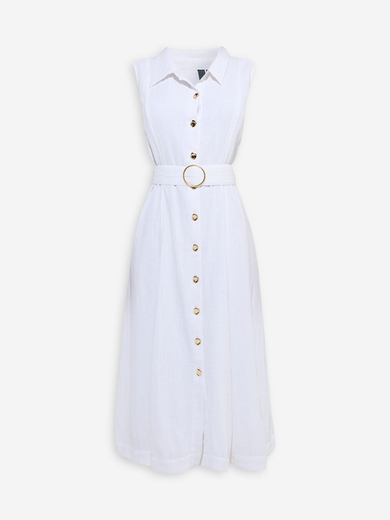 LOV White Crinkle-Textured Cotton Shirt Dress with Belt - Image 5