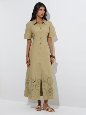 LOV Khaki Schiffli Detailed Cotton Shirt Dress