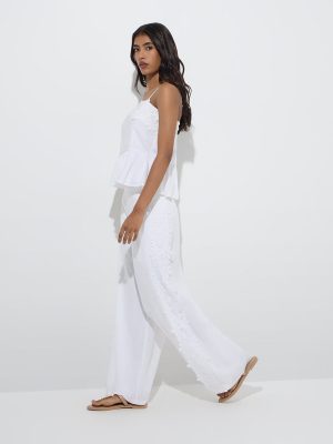 LOV White Floral Lace Detailed High-Rise Cotton Trousers