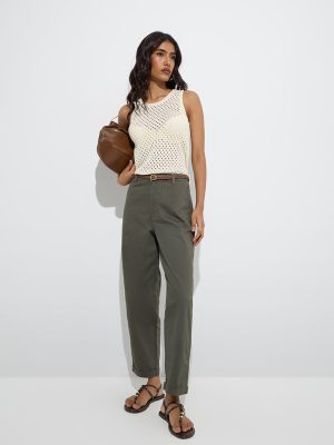 LOV Olive High-Rise Cotton-Blend Trousers with Belt