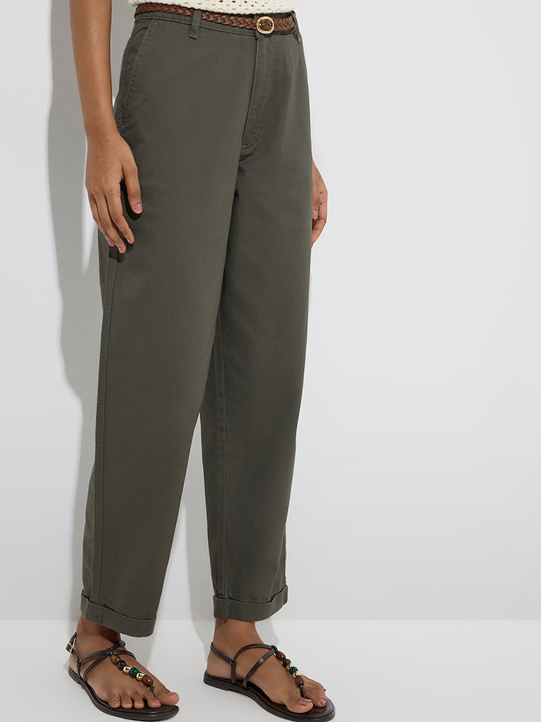 LOV Olive High-Rise Cotton-Blend Trousers with Belt - Image 2