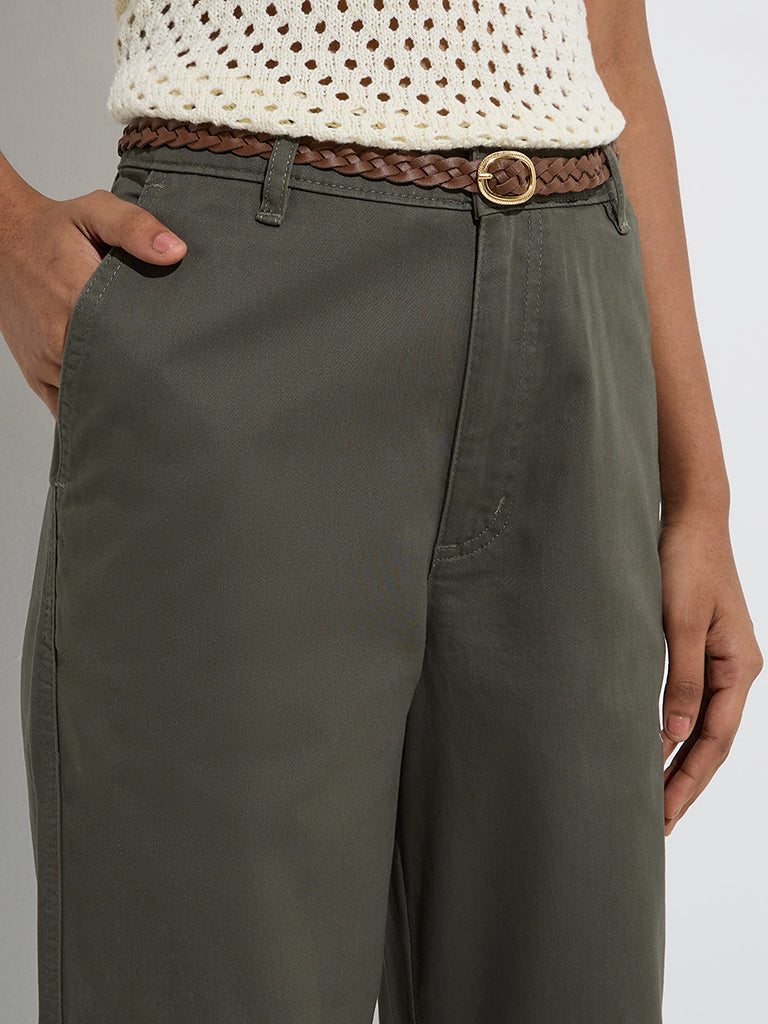 LOV Olive High-Rise Cotton-Blend Trousers with Belt - Image 3