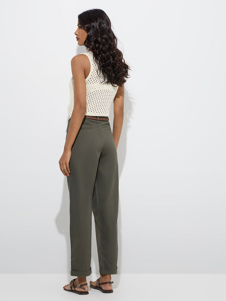 LOV Olive High-Rise Cotton-Blend Trousers with Belt - Image 4