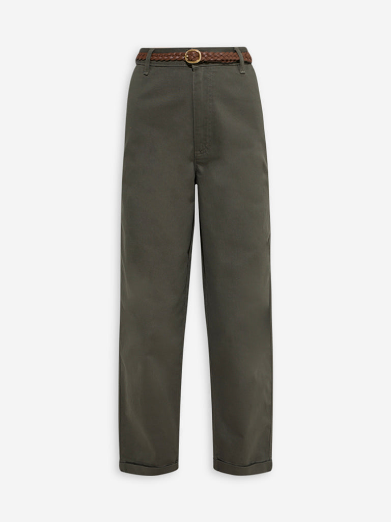 LOV Olive High-Rise Cotton-Blend Trousers with Belt - Image 5