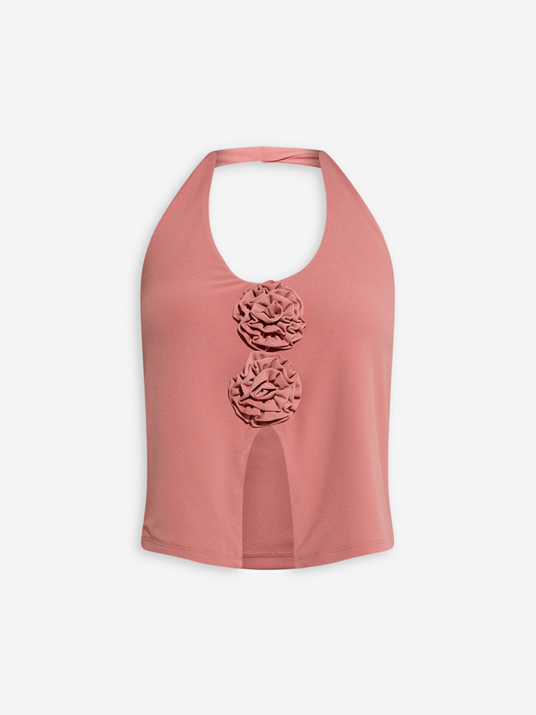 Nuon Dusty Coral Rosette Halter Neck Top - Image 5