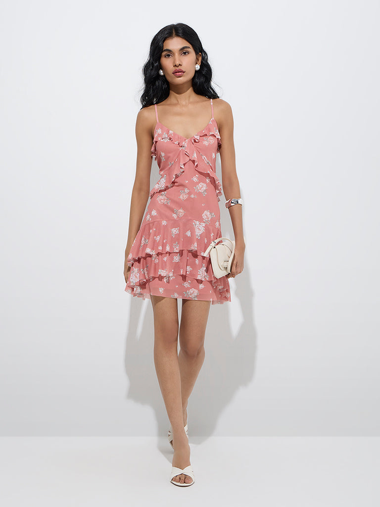 Nuon Dusty Coral Floral Design Ruffled A-Line Dress - Image 2