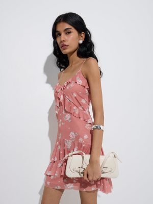 Nuon Dusty Coral Floral Design Ruffled A-Line Dress