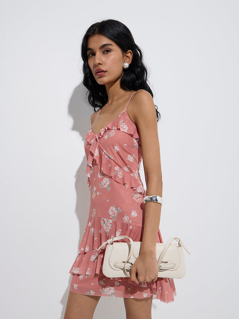 Nuon Dusty Coral Floral Design Ruffled A-Line Dress