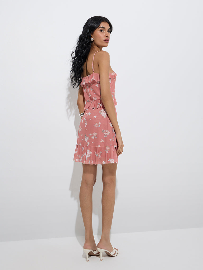 Nuon Dusty Coral Floral Design Ruffled A-Line Dress - Image 4