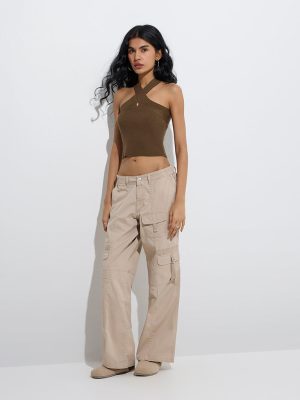 Nuon Beige Mid-Rise Cotton-Blend Pants