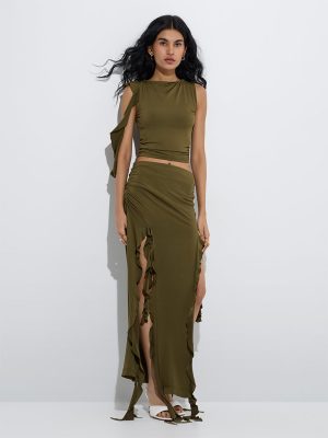Nuon Olive Ruffle Detailed High-Rise Skirt