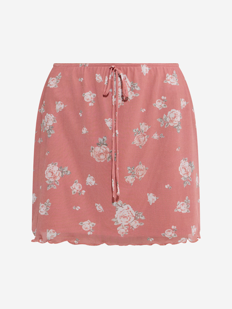 Nuon Dusty Coral Floral Design Mid-Rise Skirt - Image 5
