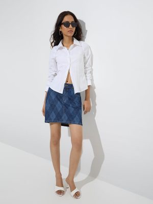 Nuon Dark Blue Argyle Printed Mid-Rise Denim Skirt