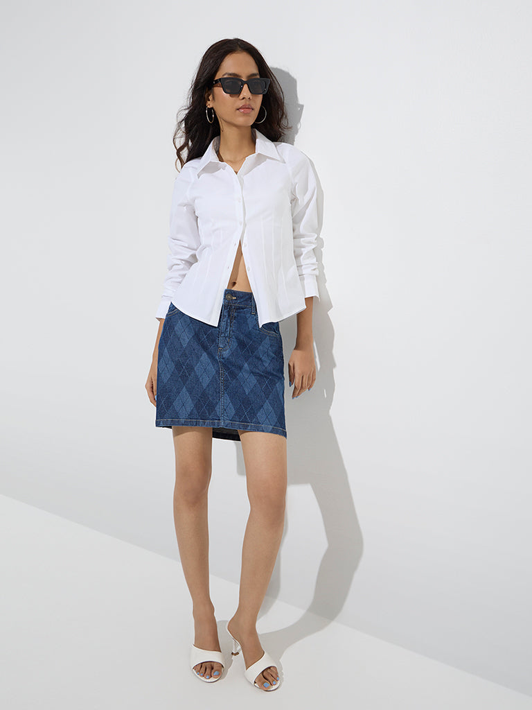 Nuon Dark Blue Argyle Printed Mid-Rise Denim Skirt