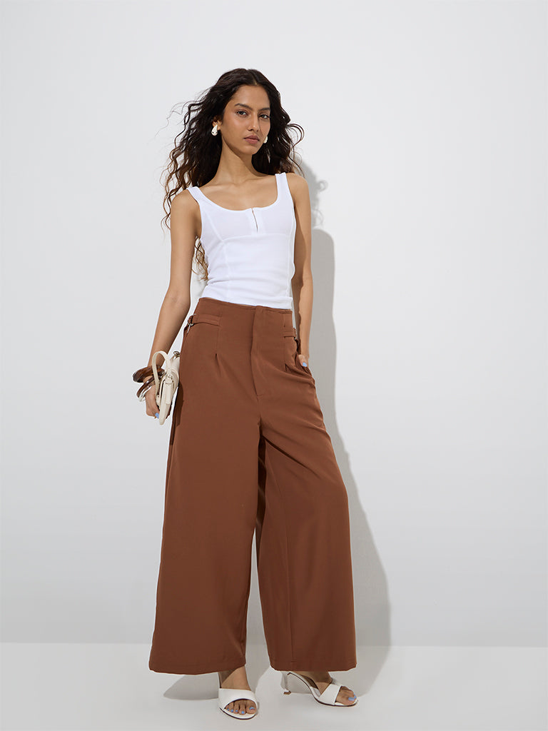 Nuon Brown Wide-Leg High-Rise Trousers