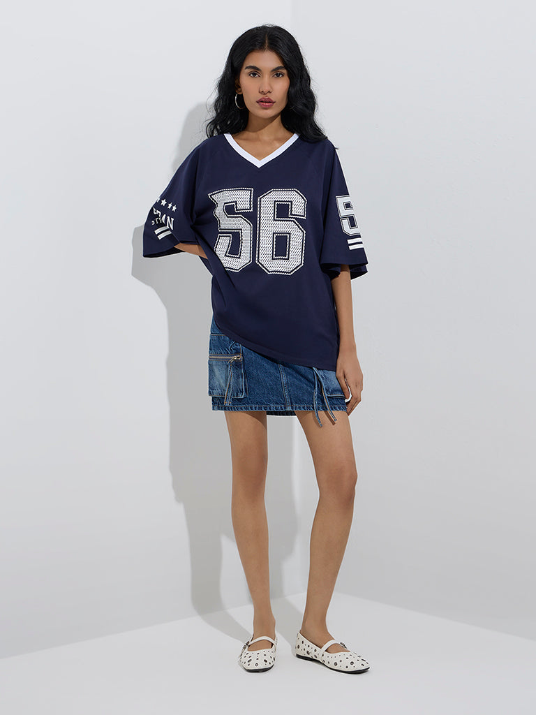 Nuon Navy Numerical Design Cotton-Blend T-Shirt - Image 2