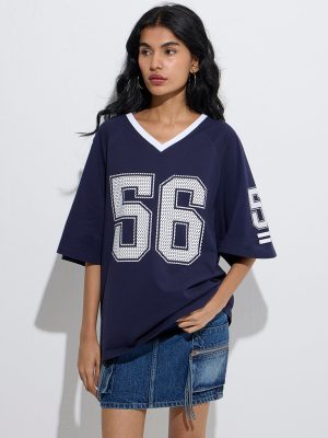 Nuon Navy Numerical Design Cotton-Blend T-Shirt