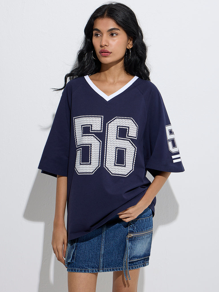 Nuon Navy Numerical Design Cotton-Blend T-Shirt