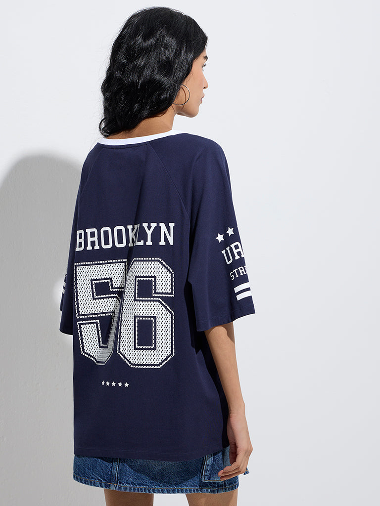 Nuon Navy Numerical Design Cotton-Blend T-Shirt - Image 4