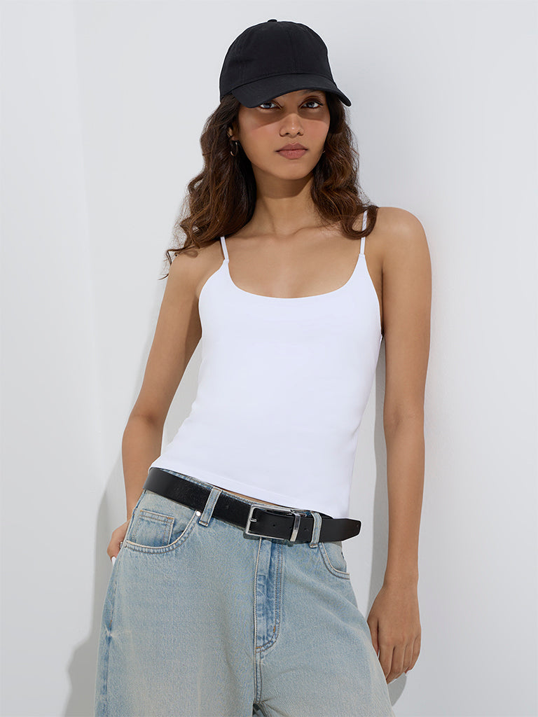 Nuon White Solid Cotton-Blend Top