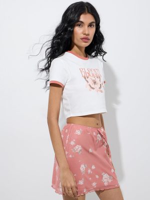 Nuon White Butterfly Design Cotton-Blend T-Shirt