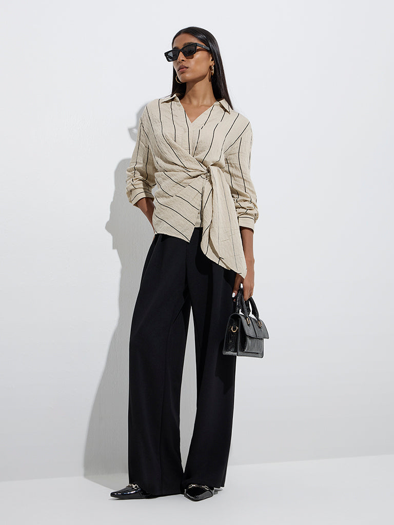 Wardrobe Beige Stripe Printed Textured Top - Image 2