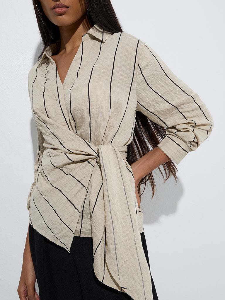 Wardrobe Beige Stripe Printed Textured Top - Image 3