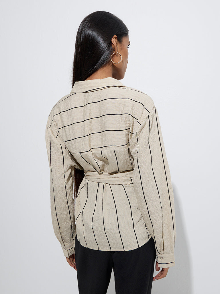 Wardrobe Beige Stripe Printed Textured Top - Image 4
