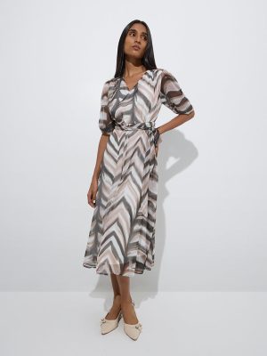 Wardrobe Multicolor Chevron Printed A-Line Dress with Belt