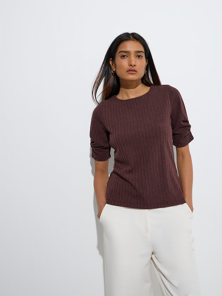 Wardrobe Brown Self-Striped Top