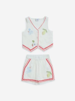 HOP Kids White Embroidered Cotton Waistcoat and Shorts Set