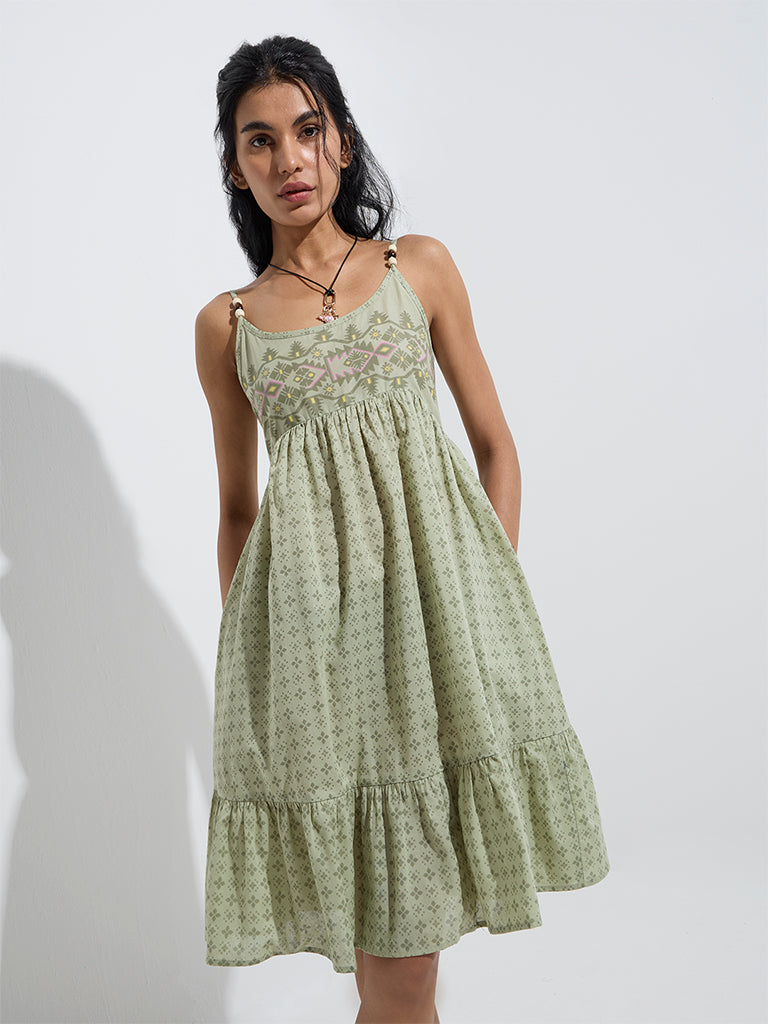 Bombay Paisley Sage Printed Cotton Tiered Dress - Image 2