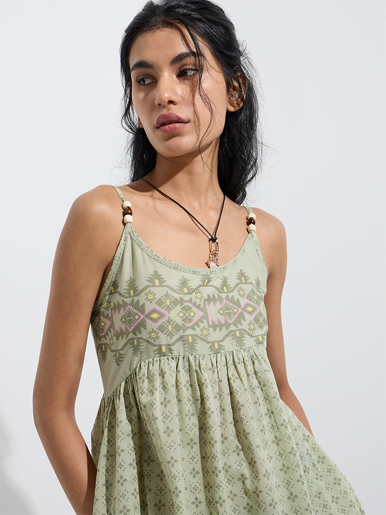 Bombay Paisley Sage Printed Cotton Tiered Dress - Image 3