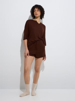 Wunderlove Dark Brown Ribbed-Textured Lounge Shorts