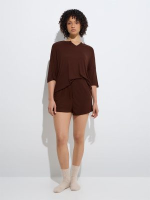 Wunderlove Dark Brown Ribbed-Textured Top