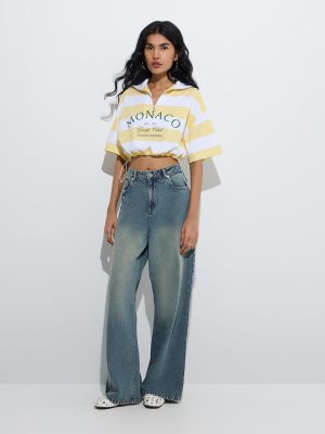 Nuon Yellow Striped Quarter Zipper Cotton T-Shirt