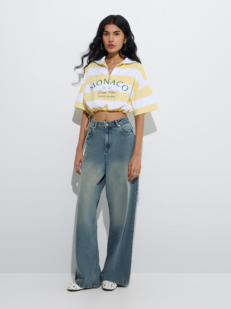 Nuon Yellow Striped Quarter Zipper Cotton T-Shirt