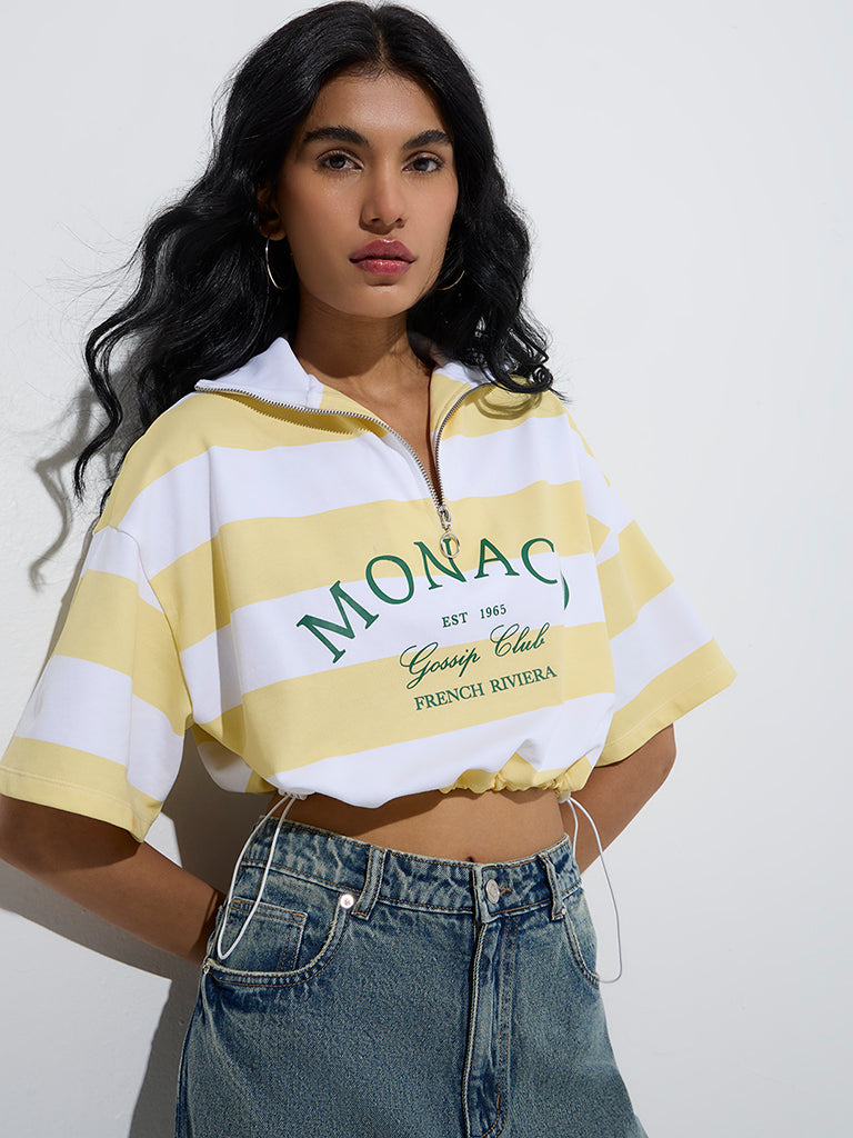 Nuon Yellow Striped Quarter Zipper Cotton T-Shirt - Image 2