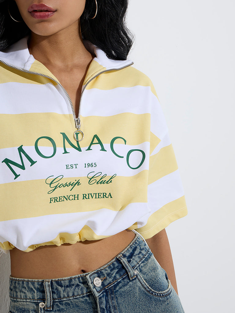 Nuon Yellow Striped Quarter Zipper Cotton T-Shirt - Image 3