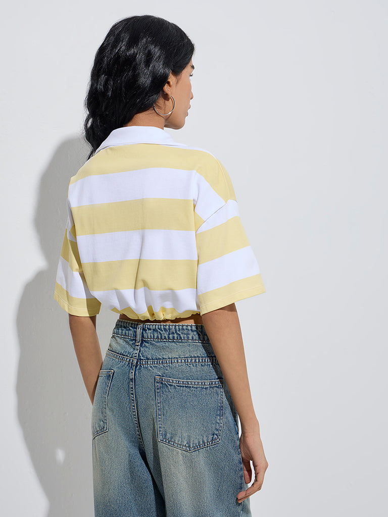 Nuon Yellow Striped Quarter Zipper Cotton T-Shirt - Image 4