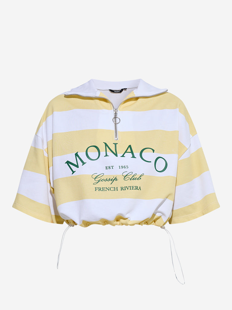 Nuon Yellow Striped Quarter Zipper Cotton T-Shirt - Image 5